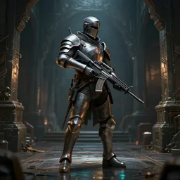 a cyberpunk knight carrying a assault rifle, inside a dungeon, artstation, volumetric light, high detail, reflections, perfect, concept art, hdr, 4 k