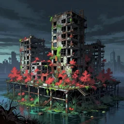 a beautiful detailed anime illustration of wharf building urbex city unfinished building nature abandoned industrial architecture by caspar david friedrich, synthwave gem cgsociety otherworldly lightpaint infrared nightvision biopunk fantasy scumm bar bioshock junglepunk futuristic, archdaily, wallpaper, highly detailed, trending on artstation.