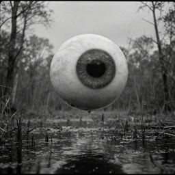 movie still of a big eyeball flying over a swamp, cinestill 8 0 0 t 3 5 mm b & w, heavy grain, high quality, noir, natural textures, photorealistic, ambient occlusion, hd, ultra wide lens, anamorphic