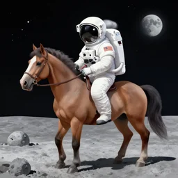 astronaut on the moon, on the head of astronaut is a horse, horse on the astronaut, horse on the head,