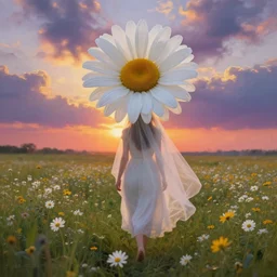 giant white daisy flower crown as head, girl with veil walking in a flower field, surreal photography, sunrise, dramatic light, impressionist painting, colorful clouds, digital painting, artstation, simon stalenhag