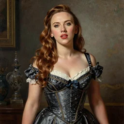 scarlett johansson with long hair dressed in pin up style, ultra detailed, beautiful, decolte, by greg hildebrandt fancy rococo baroque oil painting high quality clothed in fancy garb in pin up style