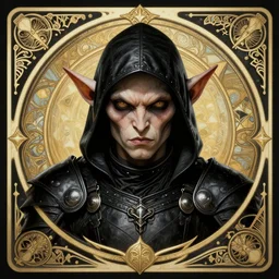 head-on symmetrical centered painted portrait, DnD goblin assassin, black leather armour, art nouveau, tarot card style, fantasy, intricate, elegant, highly detailed, smooth, sharp focus, illustration, artstation, in the style of Artgerm and Anna Podedworna and Alex Ross and Mucha