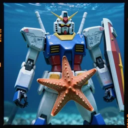 Kodak portra 160, 8K, highly detailed, portrait, starfish pose, focus on blue armour: famous gundam in low budget movie remake, underwater scene