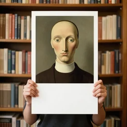 a girl holding a sign in front of a bookshelf, a character portrait by rene magritte, trending on deviantart, context art, official art, academic art, ar