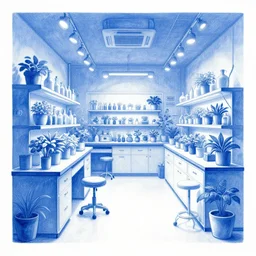 blue schema, high detailed image, labotory concept flower shop interior design