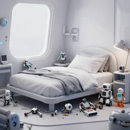 Interior of a small and  futuristic bedroom cluttered with robot parts, close up, Wadim Kashin, Simon Stalenhag,  XF IQ4, f/1.4, ISO 200, 1/160s, 8K, RAW, featured in artstation, octane render, cinematic, elegant, intricate, 8k