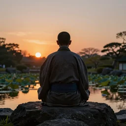 ant view of a zen master symmetrical body, fully clothed in a beautiful kimono quietly sitting in a rock garden overlooking a pond of lilly pads during a sublime sunset, one sun, his dark silhouette completely obscured by bokeh, colorful masterpiece photography,