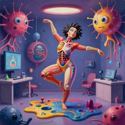 an extremely high quality hd surrealism painting of a 3 d perspective neon complimentary - colors cartoon surrealism melting sculpture gallery medical biological anatomical dancer by a much more skilled version of kandinskypicasso and salvia dali the fourth, salvador dali's much much much much more talented painter cousin, 8 k, ultra realistic, very realistic, nerves, veins, neurons