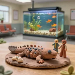 plasticine model of [ [ [ [ newt ] ] ] ] figures clay [ [ surreal ] ]. strange. tilt shift. tank. bubbles. weird. fish tank in waiting room. photorealistic.