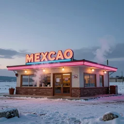 exterior photo of a lone mexican restaurant, neon lights, vaporware, in a flat snowy field. 15mm. Very detailed 8k. Sharp. Cinematic post-processing. Unreal engine. Nanite. Ray tracing. Parallax. Tessellation