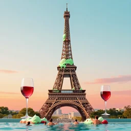 melting distorted eiffel tower icecream green and red, sunset, people swimming in wine glasses, super realistic and highly detailed painting by japanese comic illustration