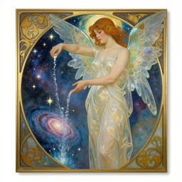 an art deco painting of a woman with glass wings, pouring water and stars into a galaxy, illustrated in style by tamara de lempick, georges lepape and an elegant border by alphonse mucha | studio lighting | digital painting, stunning lighting, trending on artstation