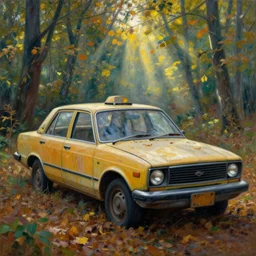 Impressionism painting of a an abandoned 1980s taxi car in a forest with falling leaves, dramatic, sunrays