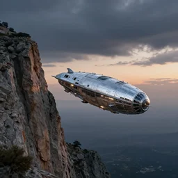 A shiny space craft seen next to a cliff, gloomy skies, dawn, artwork by Stefan Kopinski and  Guillem H. Pongiluppi, greek setting, photo realistic, volumetric lighting, HDR, 4k, high detail
