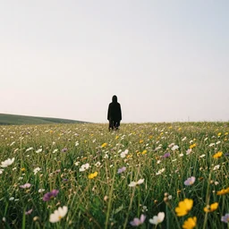 tall hooded shadow person figure standing in distance at beautiful meadow of flowers, film photo, grainy, high detail, high resolution