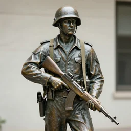 a 4 k photorealistic photo medium shot of a bronze statue of an american soldier holding a rifle