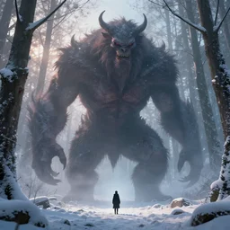 a giant humanoid mythical monster looming over a tiny human in a winter forest at dawn, ethereal fantasy, blooodborne, artstation, agostino arrivabene