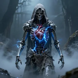 character design, biomechanical arcanist, tattered hood, anatomical correct heart, blue lightning, blue mist, fog, scary, photorealistic, cinematic, hyper realistic, octane render, 8 k, wide angle