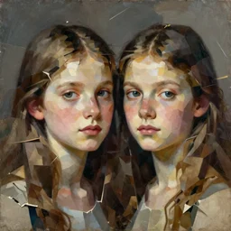 portrait of twin sisters, painting by shaun tan, detailed, intricate, torn paper decollage, low poly, oil on canvas by edward hopper, ( by mattias adolfsson ), by moebius