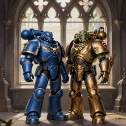 portrait of a primaris ultramarine and his kroot boyfriend, warhammer 4 0 k, standing in front of a gothic window, by grant wood, regionalism style