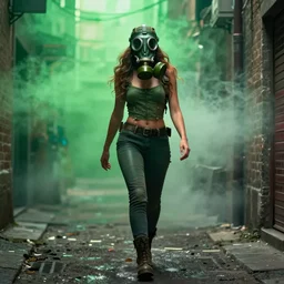 fit badass woman in a gas mask walking oh out of a green fog In an alley by Emmanuel Lubezki