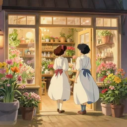 two girls in victorian dress looking around interior of a cute flower shop, wide angle, light orange color scheme, natural lighting, intricate details, cozy atmosphere, matte painting, illustration, hayao miyazaki