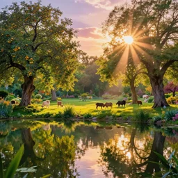 psychedlic realistic 16k footage, serene beautiful landscape photography of the garden of eden. lake reflections in the foreground, fruit tree's and animals everywhere. sun rays shining through the trees. lens flare. sunset, dramatic lighting by Marc Adamus gyuri lohmuller Ivan Shishkin. lsd trip. | lovely scene by monet