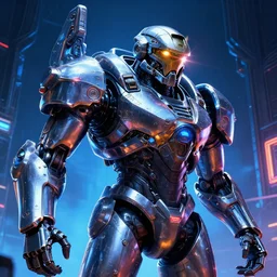 a telephoto closeup photo of the chrome terminator starship citizen cylon warror in a massive mass effect halo robot factory at night,blue haze, volume metric lighting, retracing, unreal, concept art cyperpunk video game poster design with intricate details :: magic the gathering, Battlestar Galactica, neon lighting, lens flare, rich vibrant colors, High contrast, blizzard concept artist, acrion, syd mead
