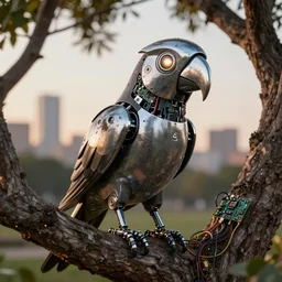 robot parrot bird with chrome beak, metal wings, perched in a park tree at golden hour, city background, complex electronics circuit board and wires, grunge and dirt, glowing eye, sharp details, subdued color, octane render, designed by apple and tesla, imax