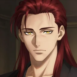 portrait of hisoka morow hunter hunter, male, small eyes very thin pursed lips extremely sharp jaw yellow eyes narrow almond eyes sultry eyes dark red hair soft hair slicked back crimson hair anime, elegant, highly detailed, digital painting, artstation sharp focus, tom hiddleston art by artgerm and greg rutkowski and alphonse mucha