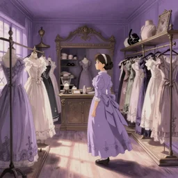 a girl in victorian dress looking around an antique fashion dress shop, wide angle, light violet color scheme, natural lighting, intricate details, cozy atmosphere, matte painting, illustration, hayao miyazaki
