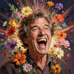 a head and shoulders portrait of screaming bob ross surrounded by an explosion of wild flowers, by edgar maxence, by thomas kinkade, by gustav klimt, by wes anderson, by edward hopper, by wayne barlowe, by james gilleard, by james jean, pastel colors