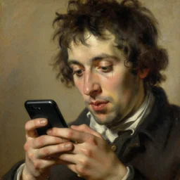 portrait of person on their smartphone, oil painting by joseph ducreux, 1 7 th century, art, oil on canvas, wet - on - wet technique, realistic, expressive emotions, intricate textures, illusionistic detail, warm colours