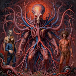 cthulhu comprised entirely of arteries and veins. digital art by eugene de blaas, ross tran, and nasreddine dinet, vibrant color scheme, intricately detailed, in the style of romanticism. artstation, greg rutkowski