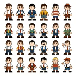 game asset sheet, material study, 2 d sprite, 1 9 7 0 s era characters