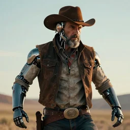 a beautiful portrait of a grizzled cowboy with futuristic cybernetic glowing enhancements, dynamic pose, sci - fi, cyberpunk by ruan jia, jules bastien - lepage, 8 k