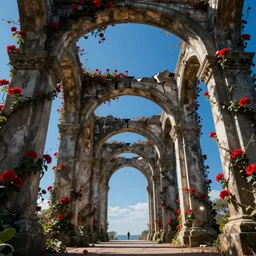 broken arches leading to the pillars of eternity draped with red flowers and vines, blue sky, lens flare, a sense of mystery, cinematic, ultra detailed, intricate, sharp focus, trending on artstation, cartoon by Tex Avery, 8K