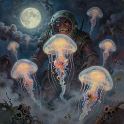 concept art of giant translucent glowing jellyfishes, lovecraftian divers helmet, lots of teeth, melting horror, round moon, rich clouds, fighting the horrors of the unknown, ghibli, highest resolution, very detailed, volumetric light, mist, grim, fine art, decaying, textured oil over canvas, epic fantasy art, very colorful, ornate, anato finnstark