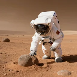 cat astronaut explores the surface of Mars