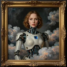 an ornately framed portrait painting of a robot woman surrounded by beautiful clouds. emily blunt!!! pulp sci - fi art for omni magazine. high contrast. dark background. baroque period, oil on canvas. renaissance masterpiece. trending on artstation. retrofuturism.