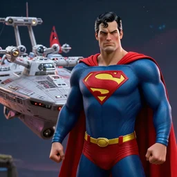 superman destroying the star trek spaceship uss enterprise ncc - 1 7 0 1, soft texture, very realistic 3 d render, soft lights, 4 k, high detailed photography red, 5 0 mm lens, rich colors, smooth gradients, depth of field, cinematic, hyper realism, high detail, octane render, unreal engine, 8 k, vibrant colors