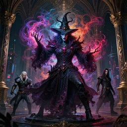 high fashion, beautiful portrait, evil powerful wizard mage, intricate colorful cosmic uncontrollable smoke magic battle, bloodborne, skyrim, witcher, rococo baroque gothic oriental eastern victorian interior cyberpunk city vista, artstation, tyle of artgerm, andreas rocha, hiroshi nagai