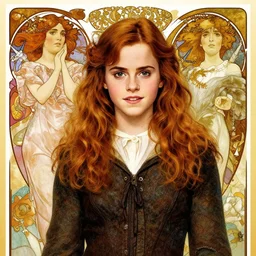 poster artwork, emma watson as hermione granger [ 2 0 0 4 ], medium shot, details, sharp focus, illustration, by [ [ [ wlop ] ] ] and jordan grimmer and alphonse mucha and greg rutkowski and thomas kinkade and william adolphe bouguereau, intricate, beautiful, trending on artstation.