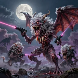 concept art of gargoyle attack, lovecraftian, lots of teeth, melting horror, fluffy feathers, round moon, rich clouds, fighting the horrors of the unknown with laser guns, high resolution, very detailed, colorful, vibrant, roaring