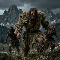 ancient alpine farmers transforming into a monster, roots and hay coat, dolomites in background, dark, eerie, despair, portrait photography, artstation, digital art, photography, concept art, artstation, highly detailed, sharp focus, by caravaggio