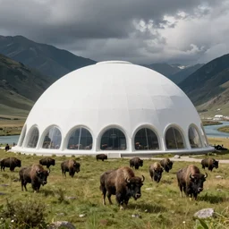 a large white sci - fi dome with a herd of bison in the distance in a grassy valley with a river, national geographic, hyper realistic, 4 k, harsh light, majestic, wide shot, a sense of hope