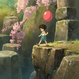 a small boy holding balloon walking over the precipice, big stone blocks, studio ghibli, pixar and disney animation, sharp, rendered in unreal engine 5, anime key art by greg rutkowski, bloom, dramatic lighting