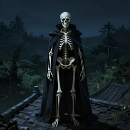 beautiful digital art of a tall skeleton wearing a dark cloak standing menacingly on a rooftop. thin blue lines can be seen coming out from his chest. night time. heavily forested dark lighting. immensely detailed. featured on artstation. by lixin yin, mingchen shen