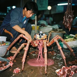 1 9 9 0, disposable camera, flash, pov, hanoi wet market,, male : creature, many legs, standing, meat, ooze, slime, veins, wet
